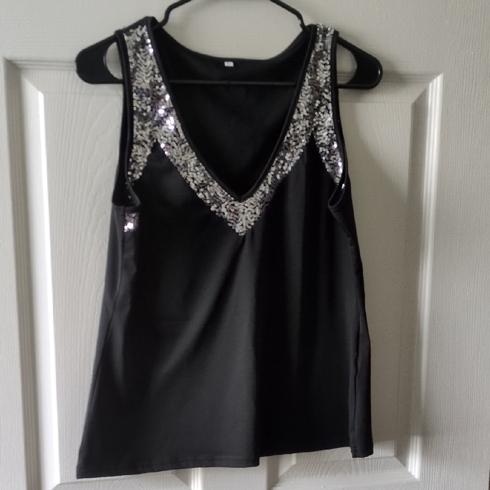 Black Sequin V-Neck Tank Top